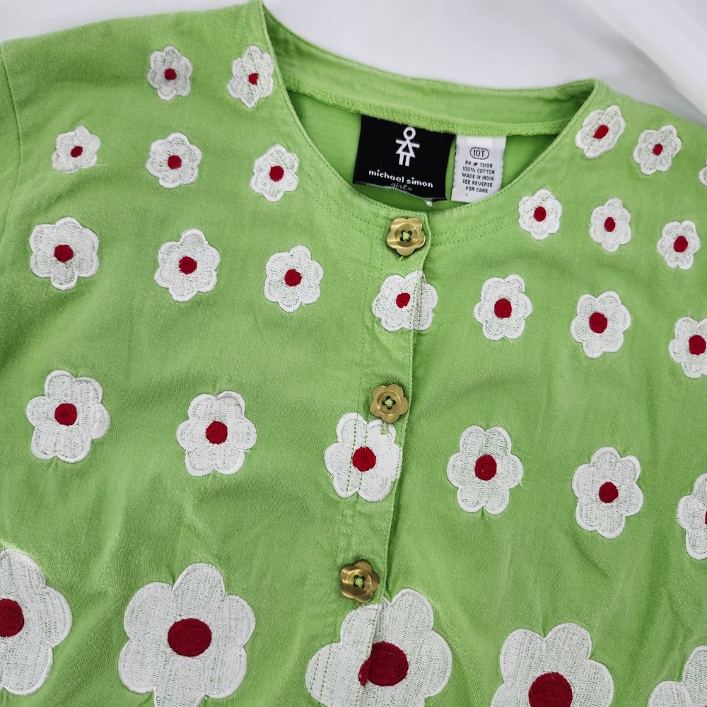 Michael Simon Girl Green Pink Floral Daisy Kids Cardigan Size 10T Whimsy Retro